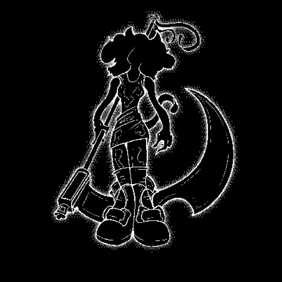 A cartoonish drawing of a black figure holding a large scythe.