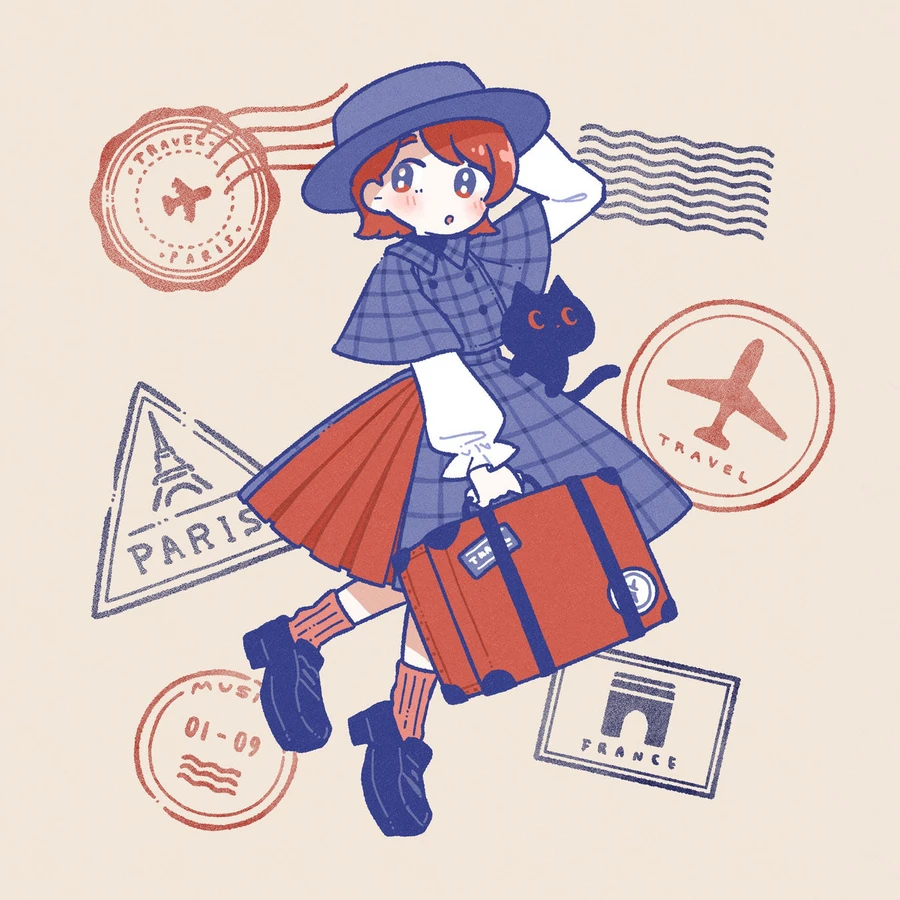 A drawing of a girl wearing a petticoat and carrying a suitcase, with passport stamps in the background.