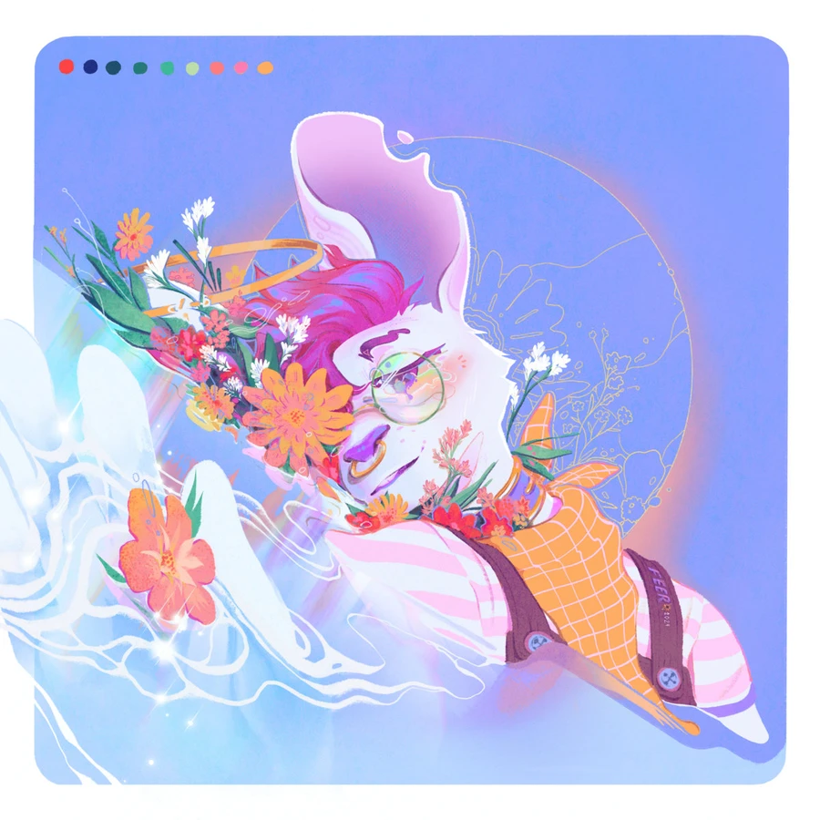 A mouse person with pink hair and a gold nose ring lies down with flowers in a pool of liquid.