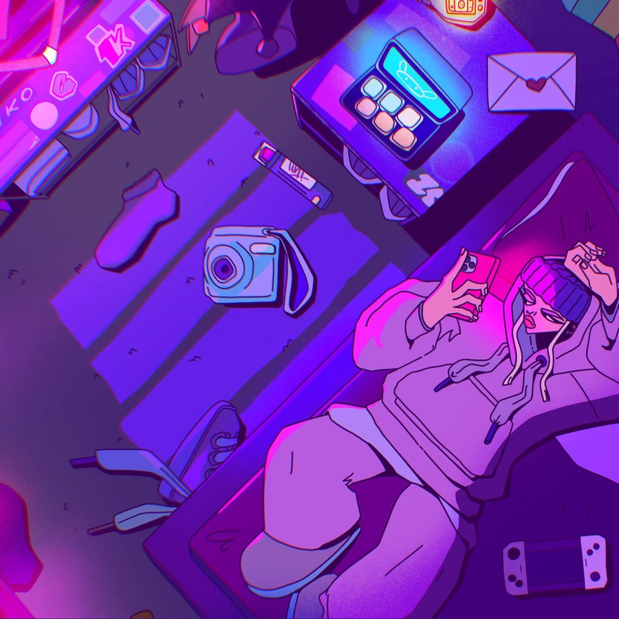 A drawing of a girl wearing a petticoat and carrying a suitcase, with passport stamps in the background.