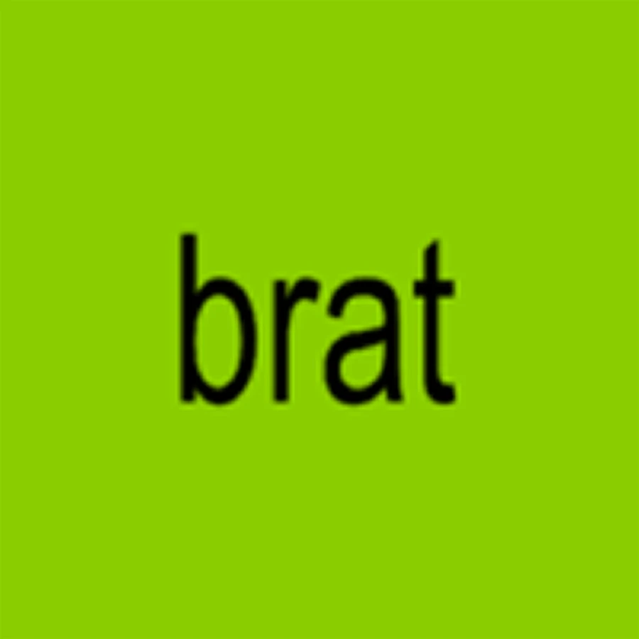 The word brat rendered in pixelated and stretch out letters on a brightly colored background.