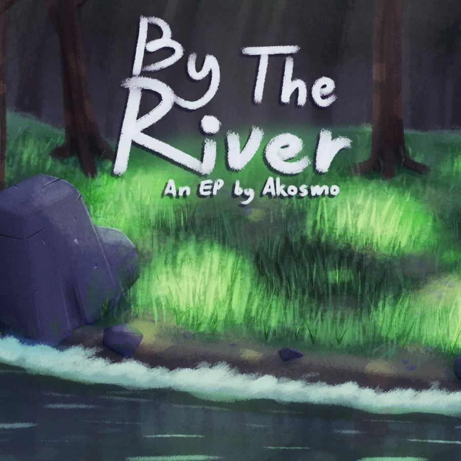 Dappled sunlight on the grass by a river.