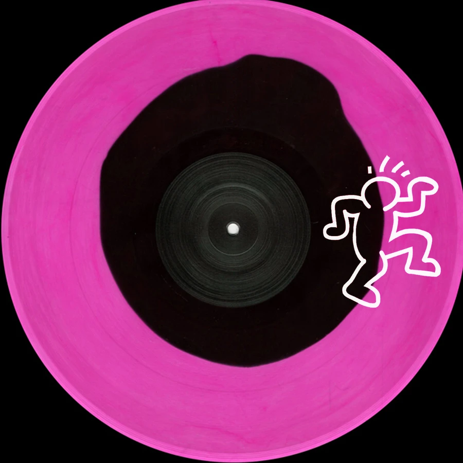 A pink vinyl disc with a dancing figure in the style of Keith Haring.