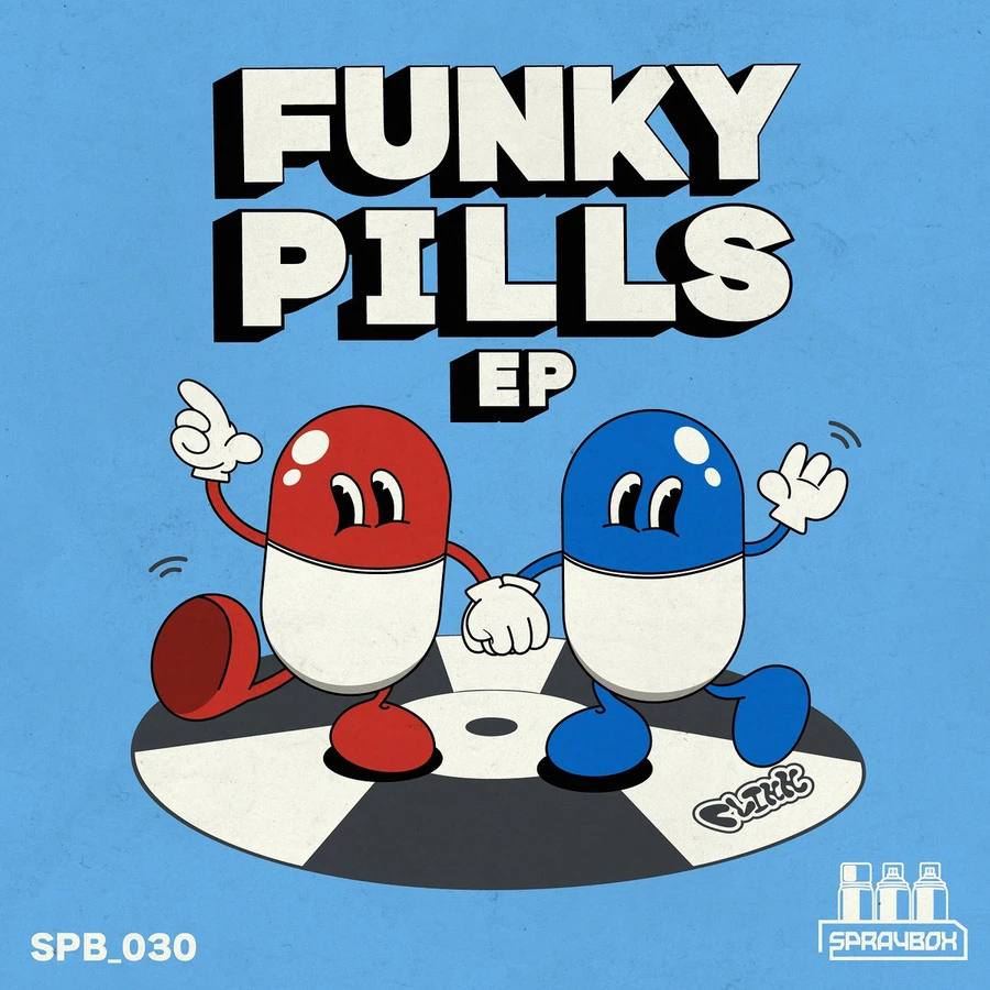 Two pills with arms and legs dance on top of a vinyl disc.
