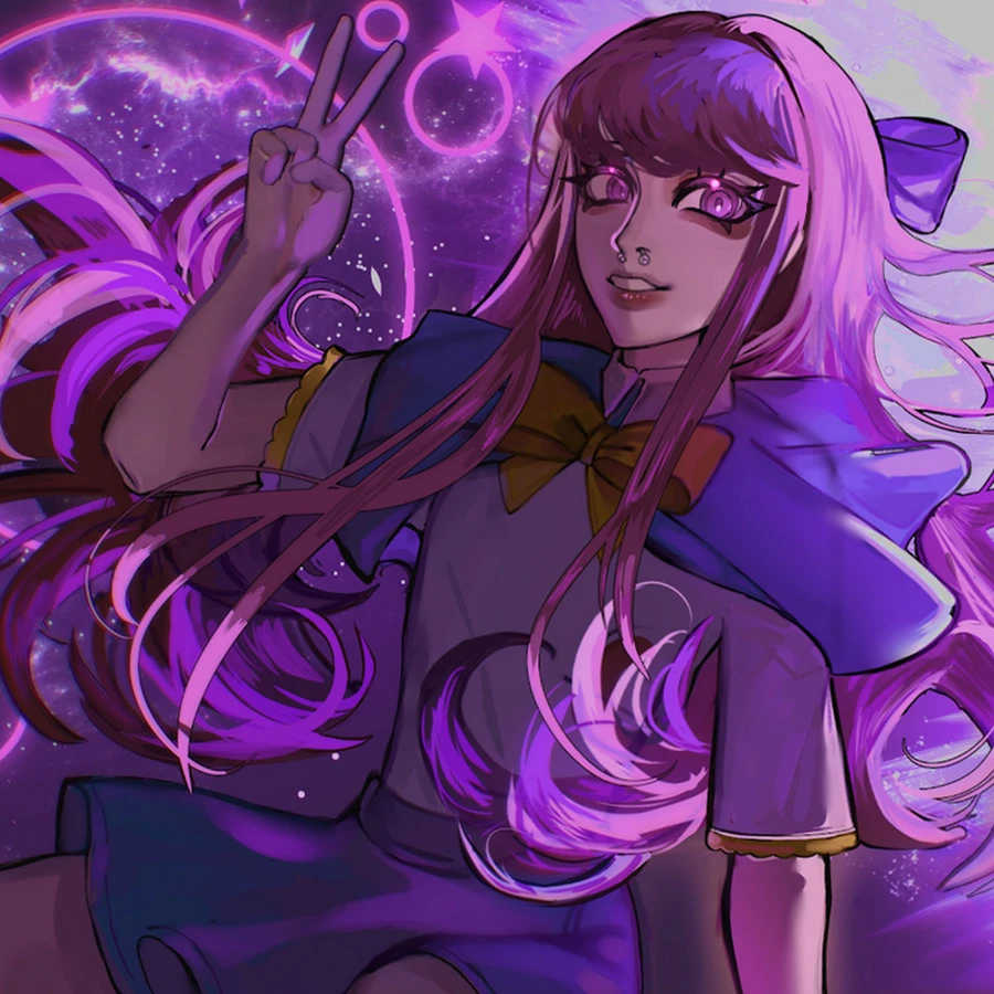 A woman with long pink hair wears a sailor uniform and is surrounded by purple clouds.