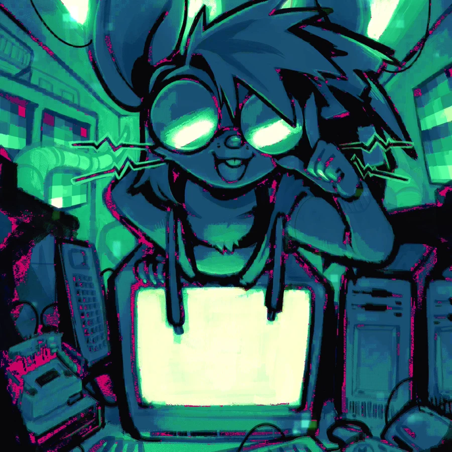 A mouse person wearing large glasses leans over an old computer monitor in a laboratory.