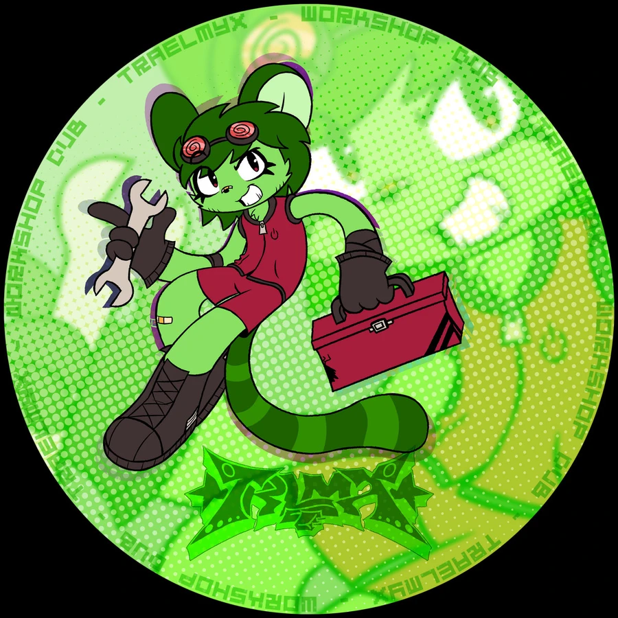A green raccoon person holding a wrench and toolbox over a green background.