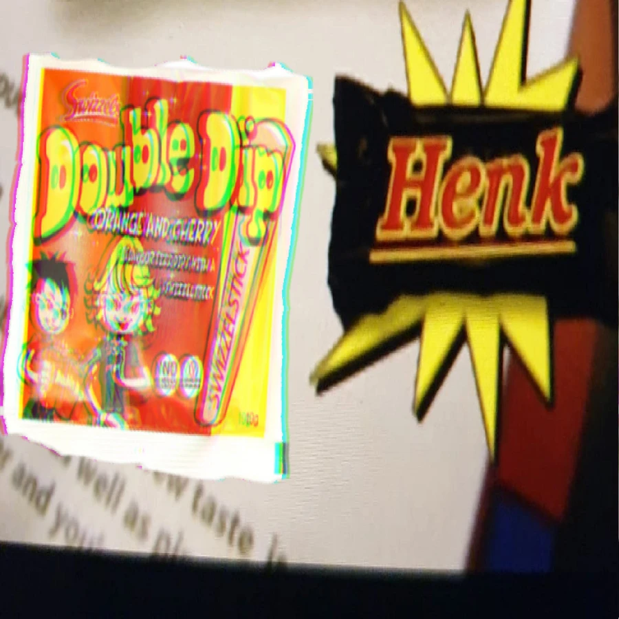 Two candy wrapper on top of some pixelated text.