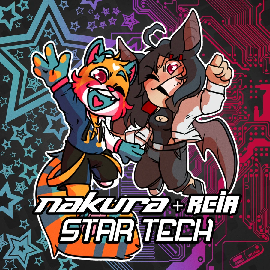 A red panda person and a woman with bat ears jump for joy in front of a background of stars and PCB traces.